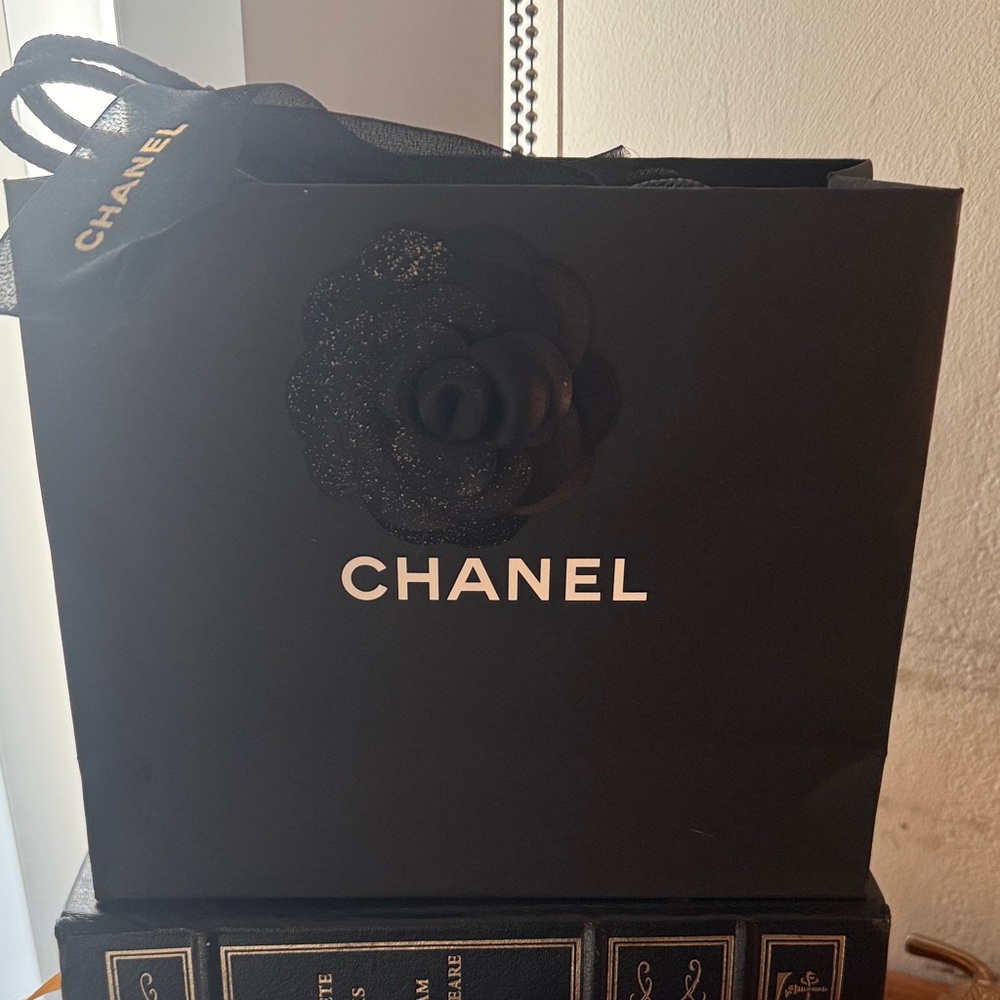 Chanel Black Gift Bag with rare Black Camellia and Gold Lettered Ribbon